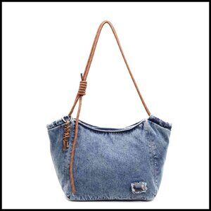 Denim Hobo Shoulder Bag Crossbody Tote Zipper Closure Casual Everyday Style